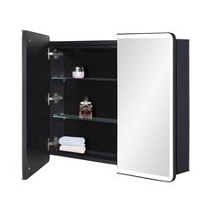 an open medicine cabinet with two shelves and a mirror on the front, in black