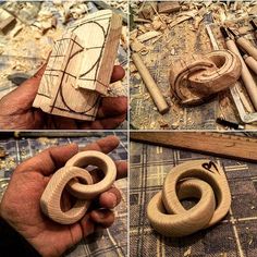 four different pictures of woodworking tools being used to make wooden rings and necklaces