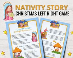 nativity story christmas left right game for kids to play on the table with text overlay