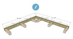 a wooden bench with measurements for the top and bottom section, including two benches on each side