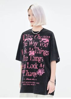 𝔇𝔢𝔱𝔞𝔦𝔩𝔰: Style: Creepycute, Kawaii Goth, Streetwear Material: Cotton With its fiercely graphic design and edgy yet unique look, it's the perfect attire for those who love to defy the norm. This shirt combines black and pink in an explosive graffiti design guaranteed to turn heads wherever you go. Soft and comfy material, perfect for everyday wear Enjoy free shipping with a purchase of over 80$. We ship worldwide SIZE LENGTH CHEST SLEEVEM 29 in 46 in 9 inL 30 in 48 in 9 inXL 31 in 50 in 10 Pink Y2k T-shirt With Letter Print, Trendy Pink Tops For Streetwear, Pink Harajuku T-shirt With Graphic Design, Harajuku Style Crew Neck Top With Graffiti Print, Pink Y2k Tops For Streetwear, Pink Slogan T-shirt For Streetwear, Trendy Pink T-shirt With Text Print, Pink Screen Print Tops For Streetwear, Pink Letter Print Y2k Top