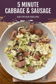 This easy air fryer sausage and cabbage dish comes together in just 5 minutes! A perfect family-friendly meal with simple ingredients like coleslaw mix and chicken sausage. Quick, healthy, and delicious! #QuickMeals #AirFryerIdeas Cabbage Air Fryer, Air Fryer Cabbage, Fryer Cabbage, Low Carb Air Fryer, Air Fryer Sausage, Sausage And Cabbage, Cabbage And Sausage