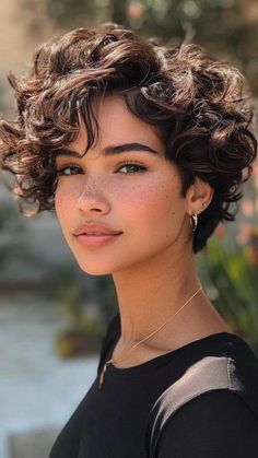 Haircut Ideas For Short Hair Curly, Short Hair Cut For Girls School, Short Sassy Curly Haircuts, Short Curly Hair Diamond Face, Curly Hair Very Short, Short Curly Hair Chin Length, Short Curly Hair Without Bangs, Square Curly Haircut, Short Short Hair Women