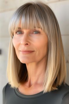 Lob with Blunt Bangs Haircut for Women Over 50. Lob With Bangs Straight Hair, Lob Fringe Bangs, Mid Length Bob With Fringe, Long Straight Bob With Bangs, Shoulder Length Lob With Bangs, Lob With Fringe, Lob Haircut With Bangs, 2024 Haircut, Fine Hair Bangs