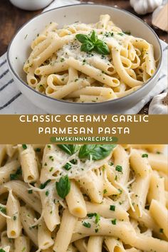 creamy garlic pasta with parmesan cheese in a white bowl