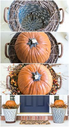 three different pictures of pumpkins sitting in front of a blue door