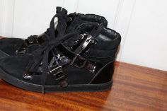 VERY NICE SHOES IN NICE CONDITION  SZ 9.5M LEATHER AND MAN MADE COMBINATION  ORIG. $149 SOLD OUT Leather High-top Wedge Sneakers, Black Suede High-top Sneakers, Suede High-top Sneakers With Studded Rubber Outsoles, Black High-top Leather Wedge Sneakers, Black Leather High-top Wedge Sneakers, Black High Tops, Suede Sneakers, Wedge Sneaker, Vince Camuto