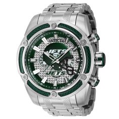 Cheer on your favorite team to victory with this Invicta NFL Pro Diver watch! Your team’s logo takes center stage atop a striking glass fiber dial in one of their iconic colors. Three chronograph subdials keep tabs on your schedule, so you’ll be ready to meet the competition head-on. Whether you’re watching the game on your couch or at the stadium, a textured stainless steel bracelet keeps your new watch secure no matter how hard you cheer! Silver Sports Chronograph Watch, Silver Sports Watch With Chronograph, Silver Chronograph Sports Watch, Modern Chronograph Watch For Sports, Modern Chronograph Watch With Subdials For Sports, Sporty Chronograph Watch With Subdials For Sports, Mens Invicta Watches, Diver Watch, Nfl Teams Logos