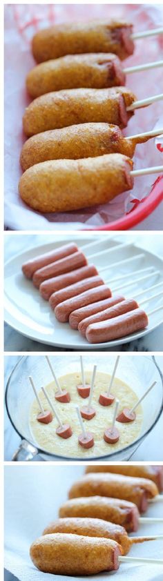 hot dogs are being cooked on skewers with sauce and toothpicks in them