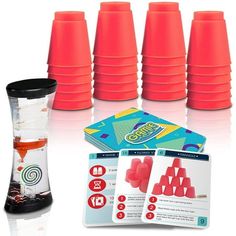 an assortment of plastic cups and cones with instructions for making them in the shape of pyramids