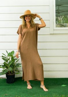 Discover the ultimate blend of comfort and style with our Soft Double Gauze Cotton Dress. This handmade Kaftan Dress, perfect for maternity wear and boho clothing enthusiasts, is designed to provide effortless elegance for any occasion.  Features ‣ Bohemian Style Dress: Embrace the boho spirit with this flowing, versatile dress. ‣ One Size Fits Most: Designed to fit US Women's sizes S-XL, making it an adaptable and inclusive piece. ‣ Double Gauze Cotton: Crafted from soft, breathable double gauz Summer Cotton Maternity Dress, Casual Maxi Maternity Dress, Casual Beige Tunic Maxi Dress, Casual Brown Maxi Dress For The Beach, Flowy Maxi-length Maternity Dress For Beach, Cotton V-neck Maternity Dress, Summer Beach Maternity Dress With Short Sleeves, Summer Beach Maternity Dress With V-neck, Flowy Maxi Maternity Dress For The Beach