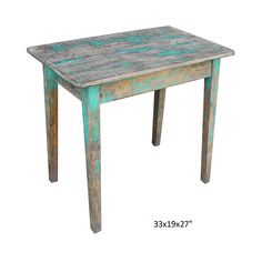 an old wooden table with peeling paint on the top and bottom half, sitting against a white background