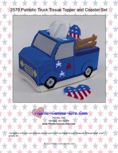 an image of a blue truck tissue topper and coaster set with red white and blue stars