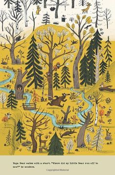 a painting with trees and animals in the woods, on a yellow background that says happy new year's greeting card