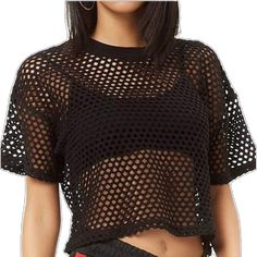 Trendy Black Mesh Crop Top, Black Casual Crew Neck Mesh Top, Casual Black Crew Neck Mesh Top, Casual Black Mesh Top For Summer, Casual Short Sleeve Mesh Top For Beach, Black Casual Short Sleeve Mesh Top, Black Mesh Crew Neck Top For Summer, Black Mesh T-shirt For Summer, Black Stretch Tops For The Beach