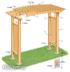 an outdoor wooden pergoline structure with measurements and details on the top, below it