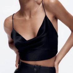 Crop Top; Satin Effect; Black; New With Tags; Xs Chic Party Crop Top Camisole, Chic Party Camisole Crop Top, Chic Black V-neck Crop Top, Chic Cropped Tank Top For Party, Chic Cropped Tank Top For Night Out, Sleek Black Crop Top For Night Out, Chic Fitted Crop Top Camisole, Elegant Cropped Black Top, Black Cami Crop Top For Night Out