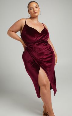 Thigh Split Dress, Split Dress Thigh, Deep Red Dress, Dress Drape, Wedding Guest Looks, Split Dress, Bustier Dress, Affordable Wedding, Red Midi Dress