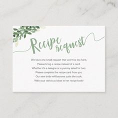 the recipe request card is displayed on a white surface with green leaves and branches around it