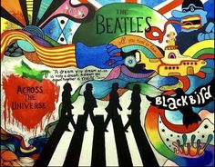 the beatles are silhouetted against a colorful background with black and white stripes on it