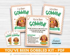 three tags with the words gobbled and an image of a turkey on it