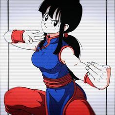 an animated image of a woman in blue and red