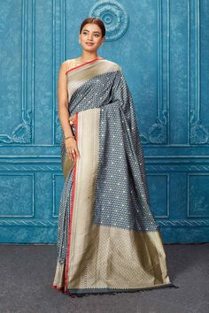 Shop grey Mashru Banarasi saree online in USA with zari border.  Keep your ethnic wardrobe up to date with latest designer sarees, pure silk sarees, Kanchipuram silk sarees, handwoven sarees, tussar silk sarees, embroidered sarees from Pure Elegance Indian saree store in USA.-full view Festive Gray Dupatta With Zari Work, Gray Dupatta With Zari Work In Traditional Drape, Semi-stitched Gray Traditional Wear With Zari Work, Gray Traditional Wear With Zari Work For Diwali, Gray Saree With Zari Work For Wedding, Gray Semi-stitched Traditional Wear With Zari Work, Diwali Gray Dupatta With Traditional Drape, Gray Traditional Wear With Dupatta For Festivals, Gray Traditional Wear For Festive Occasions