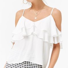 Nwt Forever 21 White Open-Shoulder Ruffle Chiffon Top. Size Small. Forever 21 Feminine Ruffled Tops, Chic Forever 21 Top With Ruffles, Chic Forever 21 Tops With Ruffles, Chic Summer Blouse From Forever 21, Chic Summer Blouse By Forever 21, Chic Forever 21 Summer Blouse, Forever 21 Ruffled Summer Blouse, Forever 21 Ruffled Blouse For Summer, Forever 21 Ruffled Top For Brunch