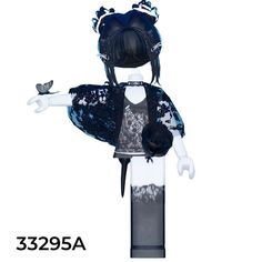 a lego figurine is wearing a black and white outfit with two birds on it's arm