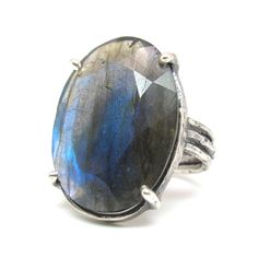 Silver & Stone Ring - Hand-crafted from three bars of  hammered silver, this one-of-a-kind statement ring boasts a gorgeously-faceted indigo blue labradorite. Size 9. Labradorite Ring Silver, Silver Stone Ring, Professional Gifts, Ring Hand, Artful Home, Wall Sculpture Art, Labradorite Ring, Blue Labradorite, Hammered Silver