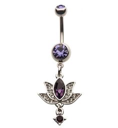 Lotus Flower Purple Gem Belly Ring Belly Piercings, Industrial Piercing Jewelry, Belly Button Piercing Jewelry, Belly Piercing Jewelry, Button Piercing, Gold Body Jewellery, Grunge Jewelry, Stone Plugs, Flower Purple