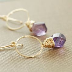 Amethyst Gold Hoop Earrings February Birthstone by aubepine Purple Dangle Hoop Earrings With Ear Wire, Elegant Small Hoop Purple Earrings, Purple Amethyst Hoop Jewelry, Elegant Purple Small Hoop Earrings, Purple Amethyst Hoop Earrings For Gift, Purple Briolette Wire Wrapped Earrings, Gemstone Jewelry Earrings, February Birthstone Jewelry, Elephant Earrings