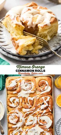 an orange cinnamon roll with icing on top is shown in this collage and then has been cut into slices