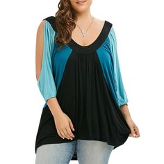 Plus Size Color Block Cold Shoulder Swing T-shirt - Medium Blue - 3624763012 - Women's Clothing, Plus Size Women's Clothing  #PlusSizeWomensClothing #Women's #Clothing # #Plus #Size #Women's #Clothing Plus Size Online Shopping, Elegant Kimono, Plus Size Vintage, Trendy Plus Size Clothing, Plus Size Womens Clothing, Fashion Seasons, Summer Outfits Women, Plus Size T Shirts, Plus Size Tops