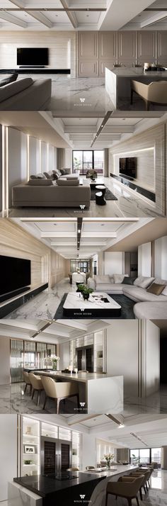 multiple images of the interior of a modern house