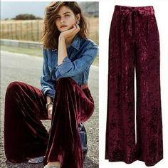 "Coming Soon" Black Velvet Wide Leg Pants With Waist Tie Polyester/Spandex Inseam 30" Velvet Trousers Outfit Casual, Velvet Black Pants Outfit, Black Velvet Pants Outfit Casual, How To Style Velvet Pants, Velvet Pants Outfit Casual, Eccletic Fashion, Red Velvet Pants Outfit, Black Velvet Pants Outfit, Velvet Trousers Outfit