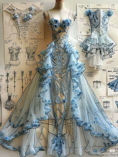 Fairytale Dress Aesthetic, Butterfly Princess Dress, Two In One Dress, Ocean Dress, Element Dress, Fairytale Fashion, Fantasy Dresses, Fashion Drawing Dresses, Dress Design Sketches