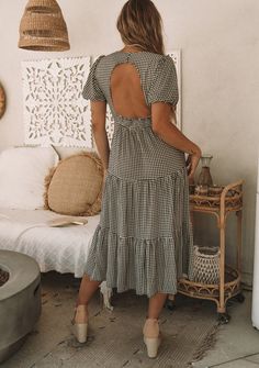 Women's Dress - Small Gingham Midi Dress | LOVESTITCH Gingham Midi Dress, Bohemian Midi Dress, Checkered Print, Checker Print, Gingham Print, Tier Skirt, Tiered Skirt, Black Midi Dress, Spring Dresses