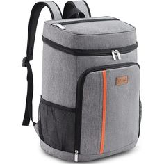 a gray backpack with an orange stripe on the front and side pocket, sitting against a white background