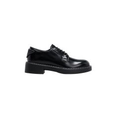 Prada derby loafers in calf leather 2.00 in / 50 mm flatform heel Almond toe Lace-up vamp Logo triangle at back  Leather/rubber outsole Made in Italy Classic Formal Platform Loafers With Contrast Sole, Formal Platform Loafers With Contrast Sole And Round Toe, Formal Platform Loafers With Contrast Sole, Designer Oxfords With Rubber Sole For Work, Luxury Lace-up Shoes With Lug Sole For Work, Formal Low-top Platform Loafers With Lug Sole, Low-top Calf Leather Oxfords For Work, Formal Oxfords With Contrast Sole And Flat Heel, Elegant Oxfords With Lug Sole For Office