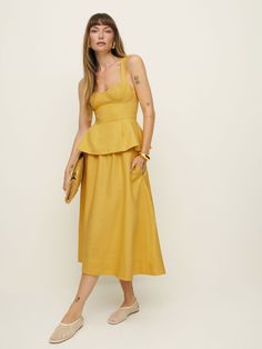 One and done. Shop the Misty Linen Two Piece from Reformation, a two-piece set with a midi-length skirt and matching sleeveless top with a peplum hem. Linen Two Piece Set, The Round Up, Sunset Hues, One And Done, Time Clothes, Work Wear Outfits, Swimwear Dress, Denim Trends, Midi Length Skirts