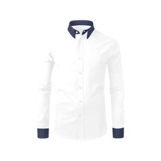 Formal white long sleeve shirt with blue collar for men Cotton Shirt With Contrast Collar Long Sleeve, Cotton Shirt With Contrast Collar And Long Sleeves, Blue Long Sleeve Dress Shirt For Office, Elegant Navy Cotton Shirt, Blue Long Sleeve Shirt With Cuffed Sleeves, Navy Formal Shirt For Spring, Elegant White Long Sleeve Shirt, Navy Long Sleeve Cotton Dress Shirt, Navy Long Sleeve Semi-formal Shirt