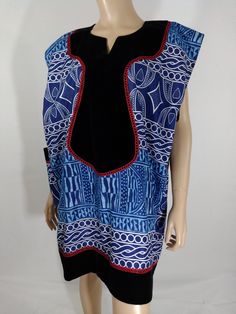 Men's African Tribal Geometrical Blue White Black 100 % Cotton  New Size XL Absolutely fabulous knockout statement piece! Dramatic Gorgeous sturdy super high quality 100% polished Cotton textile, blue and white tribalprint with black velvet trim and red embroidery neckline, side pockets, cropped sleeve. Beautiful design and clean lines. Super high quality. Excellent NEW condition. Easy to wear casual chic vintage for the disco sporting life. MEASUREMENTS: Top: Length -  33.5" Chest -  (underarms Blue Patchwork Tops For Vacation, Traditional Blue Printed Tunic, Blue Casual Short Sleeve Kaftan, Blue Patchwork Tops For The Beach, Blue Patchwork Top For Beach, Blue Casual Short Sleeve Tunic, Blue Short Sleeve Casual Tunic, Casual Blue Short Sleeve Tunic, Blue Cotton Tunic Top