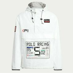 Size Large - Polo Ralph Lauren P1 Racing Hooded Anorak Jacket - White Light Blue Jacket, Black Windbreaker, Polo Sport Ralph Lauren, Color Block Jacket, Mens Windbreaker, Racing Jacket, Packable Jacket, Pullover Windbreaker, Anorak Jacket