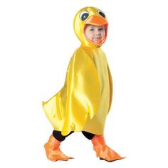 a little boy dressed in a yellow duck costume