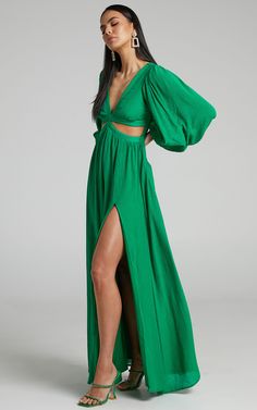 Paige Side Cut Out Balloon Sleeve Maxi Dress in Green | Showpo USA Green Balloon Sleeve Party Dress, Green Puff Sleeve Dress For Night Out, Summer Green Dress With Elastic Sleeves, Flowy Green Dress For Night Out, Green Dresses With Elastic Sleeves For Brunch, Green Flowy Dress For Night Out, Chic Green Cutout Midi Dress, Chic Green Midi Dress With Cutout, Green Flowy Maxi Dress For Date Night