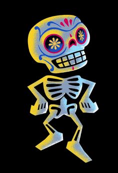 a skeleton with bright colored eyes on black background