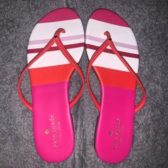 New Without Tags !! Kate Spade Trendy Spring Sandals, Trendy Kate Spade Sandals For Spring, Trendy Kate Spade Spring Sandals, Kate Spade Open Toe Sandals For Vacation, Kate Spade Synthetic Sandals For Spring, Kate Spade Flat Sandals For Vacation, Kate Spade Synthetic Sandals For Vacation, Red Round Toe Flip Flops For Beach Season, Red Flip Flops For Spring Vacation