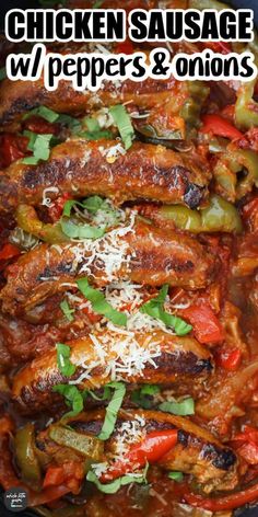 chicken sausage with peppers and onions in a skillet