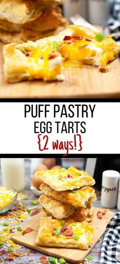 puff pastry egg tarts are stacked on top of each other and ready to be eaten